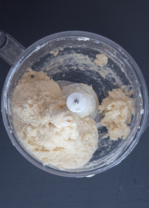 The dough mixed in the food processor.