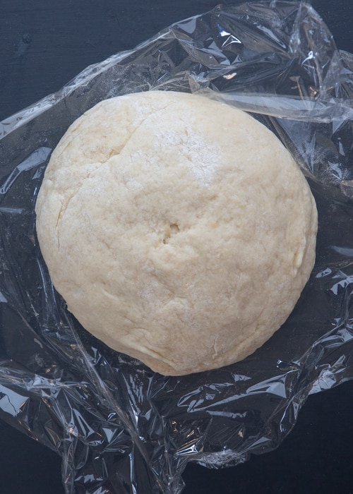 The dough kneaded on plastic wrap.