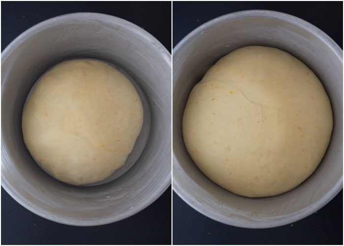 In the pan before and after rising.