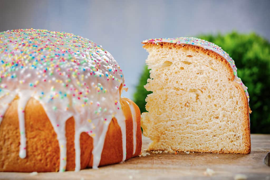 Easter bread with a slice cut.