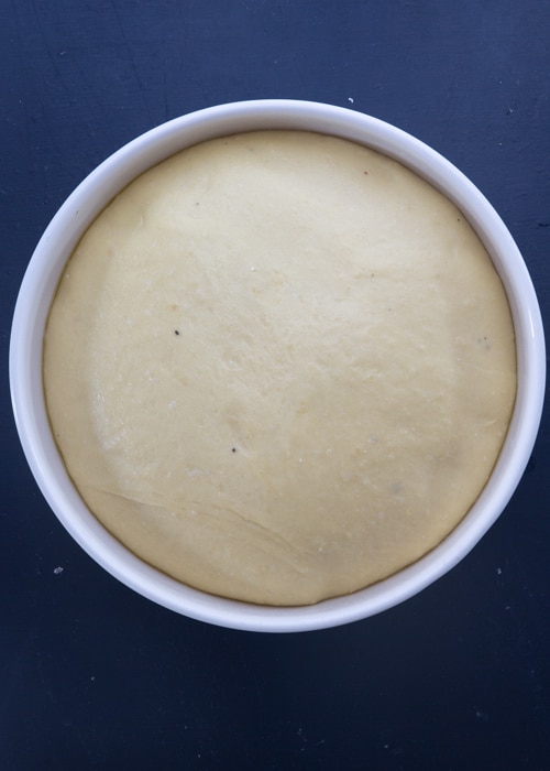 The dough in the bowl and doubled in size.