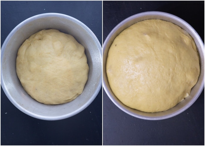 The dough in the pan before and after rising.