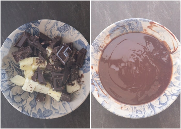 The butter and chocolate before and after melted.