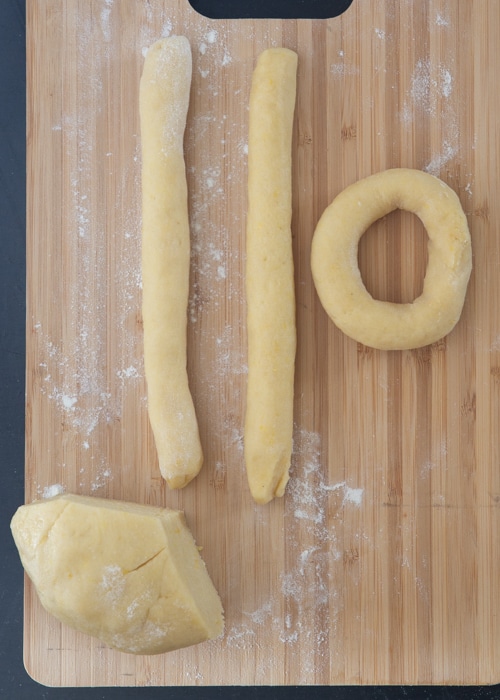The dough formed into ropes and made into circles.