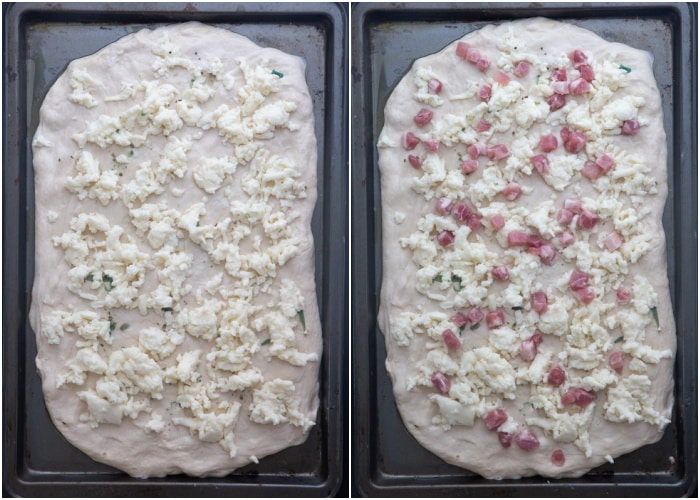 Mozzarella and pancetta on the pizza dough.
