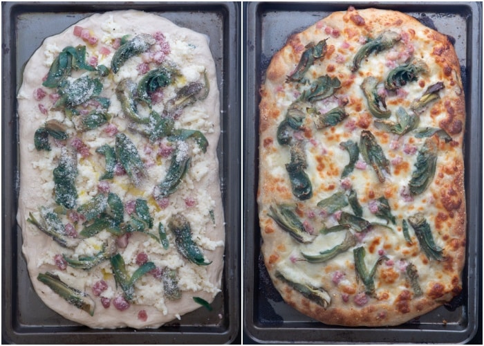 The artichokes and parmesan before and after baking.