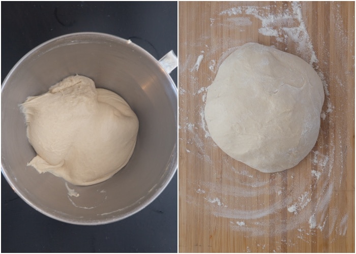 Dough kneaded and formed into a ball on a wooden board.