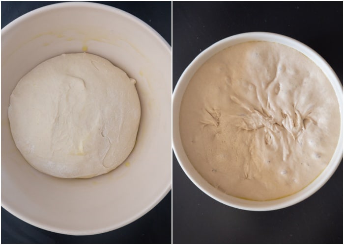 The dough in the bowl before and after in the fridge.