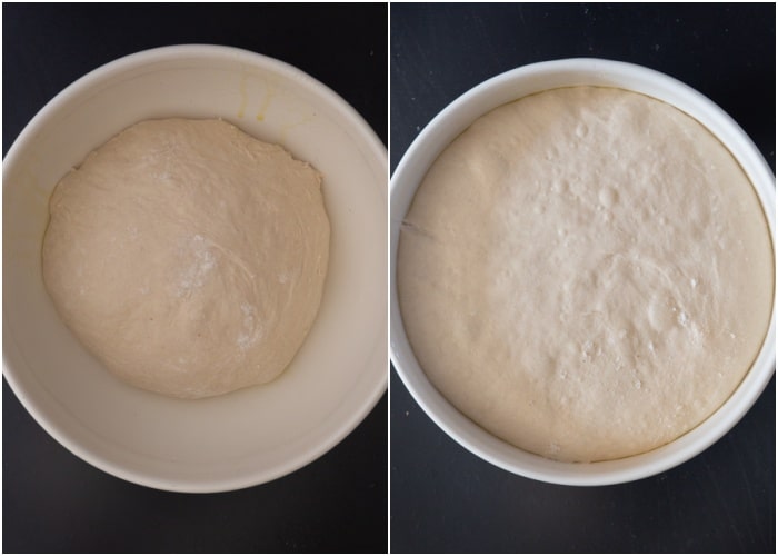 The dough rolled and rising before after in a white bowl.