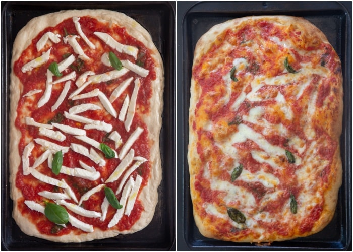 The pizza before and after baked.