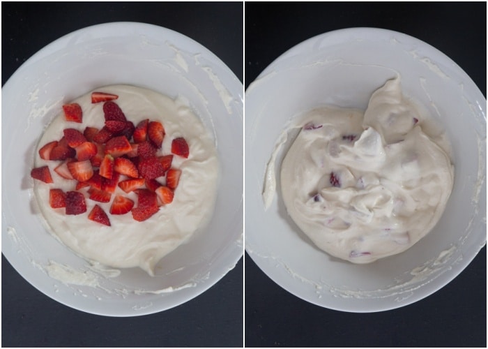 The strawberries before and after mixed into the cream mixture.