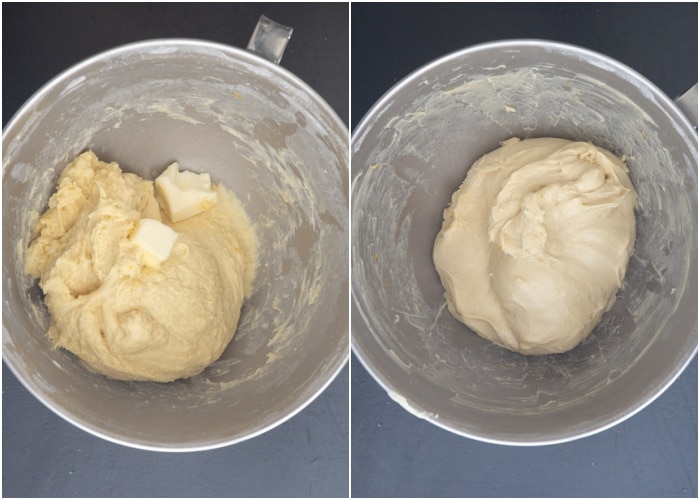 Adding the butter then kneading to form a compact dough.