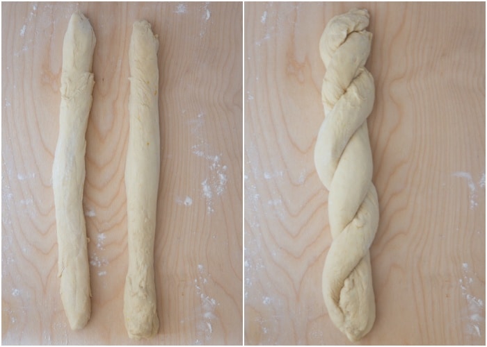 The dough formed into two ropes and twisted.