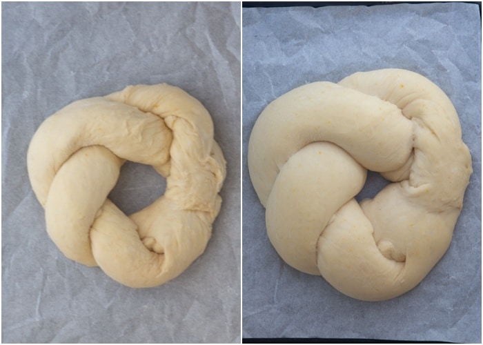 The dough on the prepared baking sheet before and after rising.