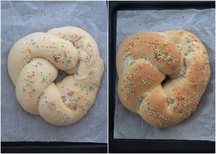 The bread before and after baked on the baking sheet.