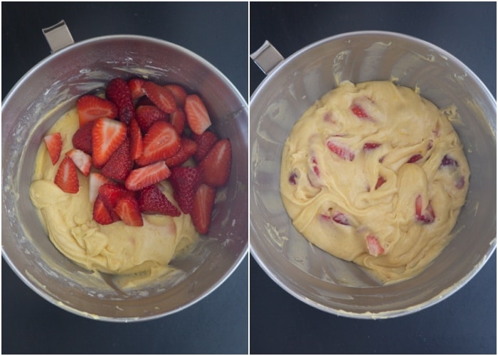 The strawberries folded into the batter.