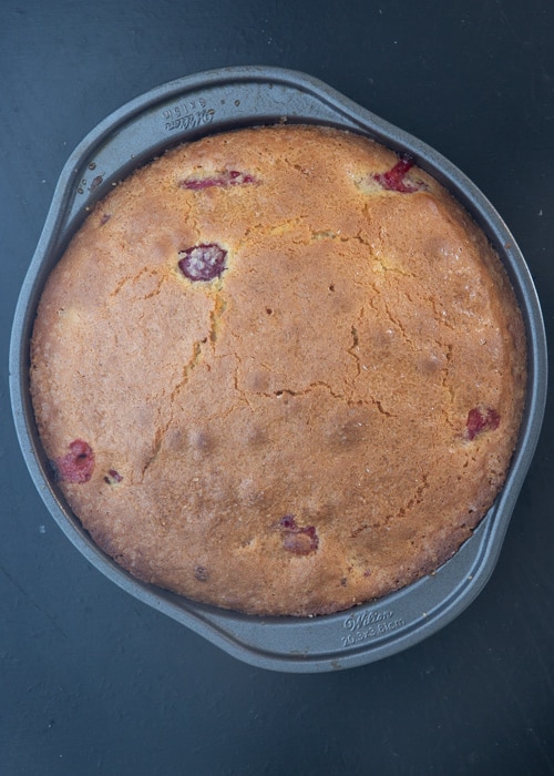 The baked cake in the pan.