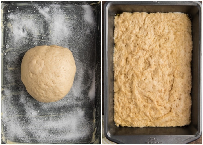 the dough in the pan and stretched.