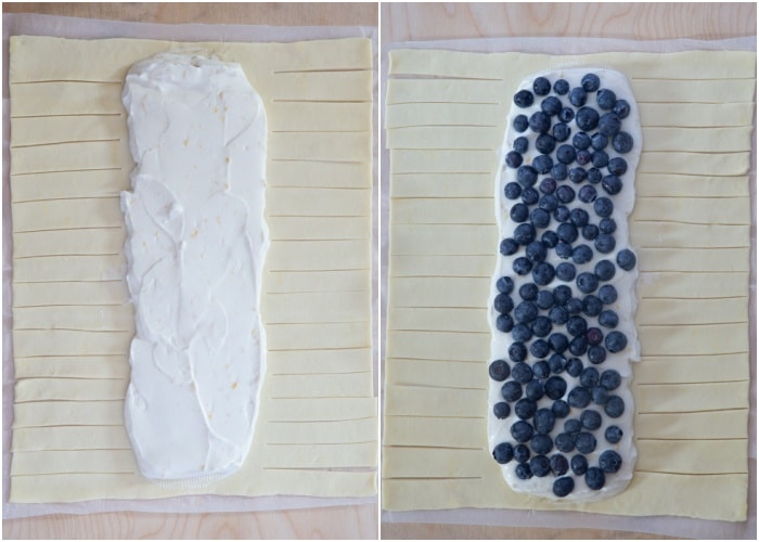The mixture down the pastry and blueberries on top.