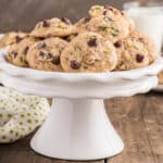 Zucchini cookies on a white cake plate.