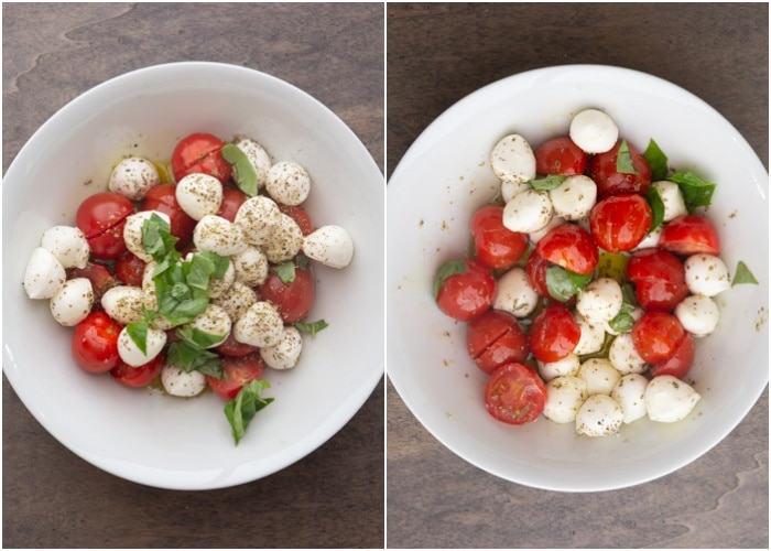 The caprese tossed in a white bowl.