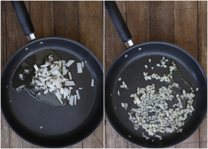 Sauteed onion before and after in a black pan.