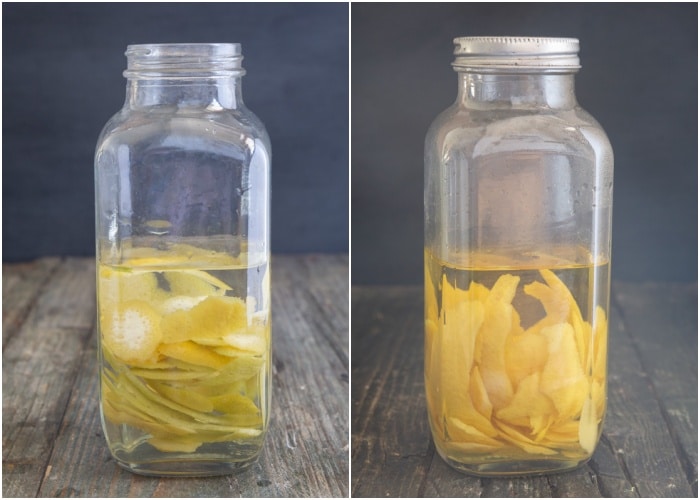 Lemon peel in vodka before and after resting.