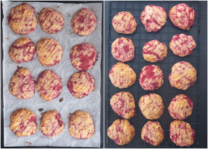 The cookies baked on a baking sheet and on a wire rack.