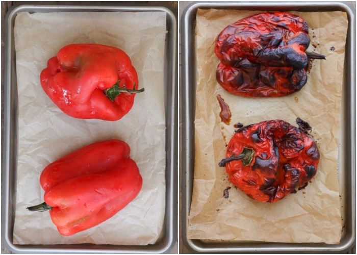 Peppers on a baking sheet before and after roasted.