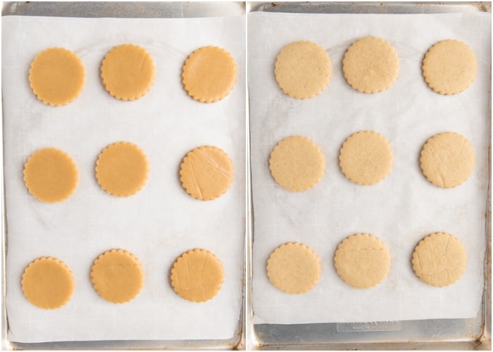 The cookies on baking sheets before and after baked.