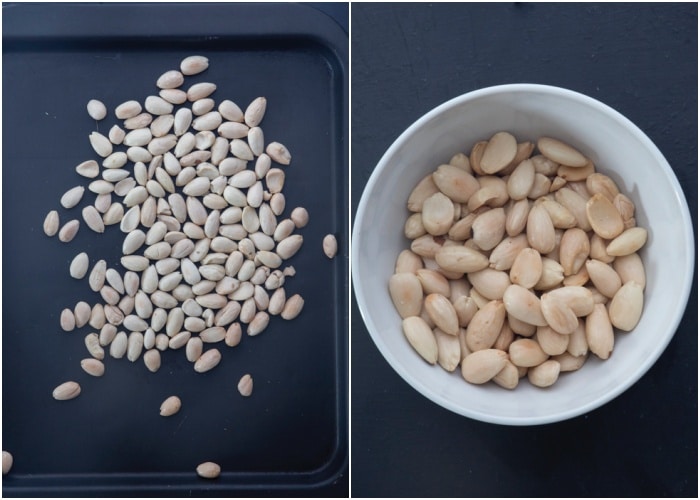 Roasting the nuts on a baking sheet and in a white bowl.