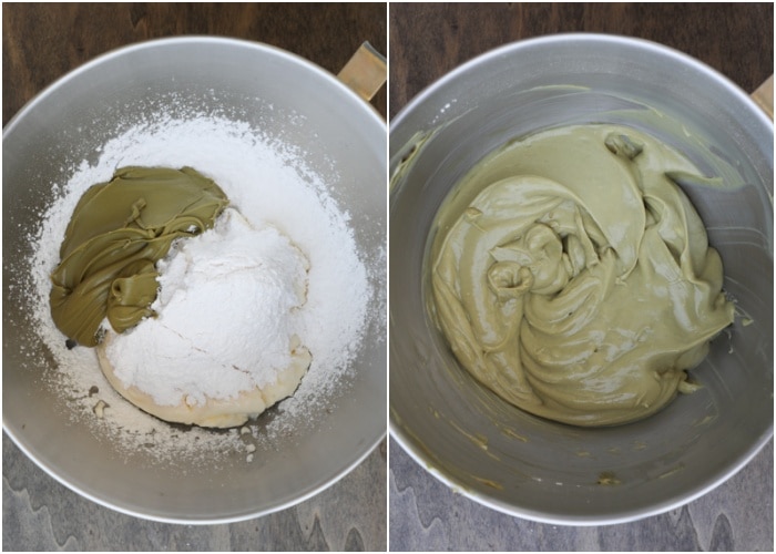 Mixing the cream cheese, sugar and pistachio cream in a silver mixing bowl.
