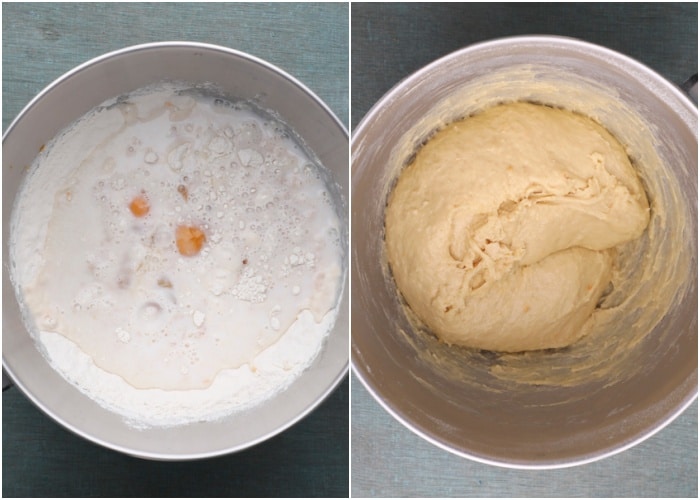 Mixing the ingredients to form a dough in the mixing bowl.