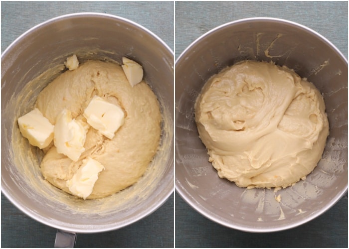 Adding the butter and forming a soft dough.