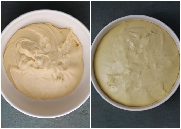 The dough before and after rising in a white bowl.