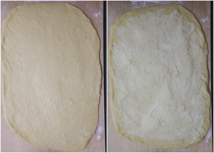 Rolling the dough into a rectangle and spreading with the creamy butter mixture.