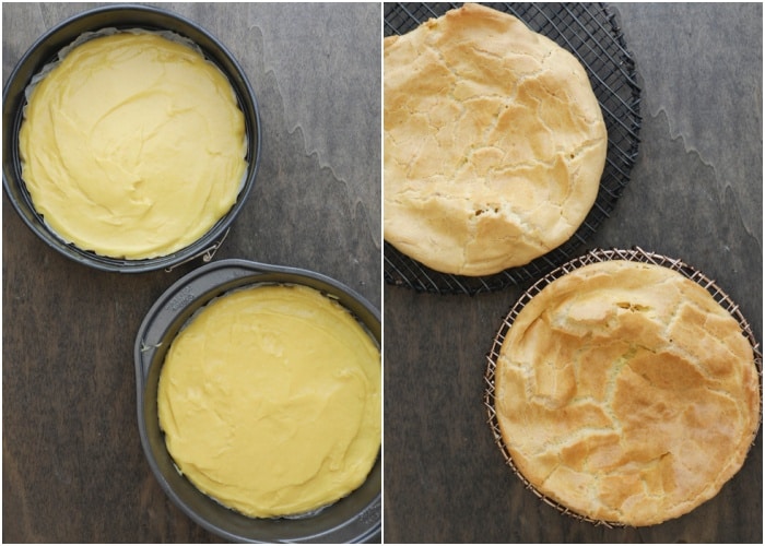 The cake in the pans, before and after baked.