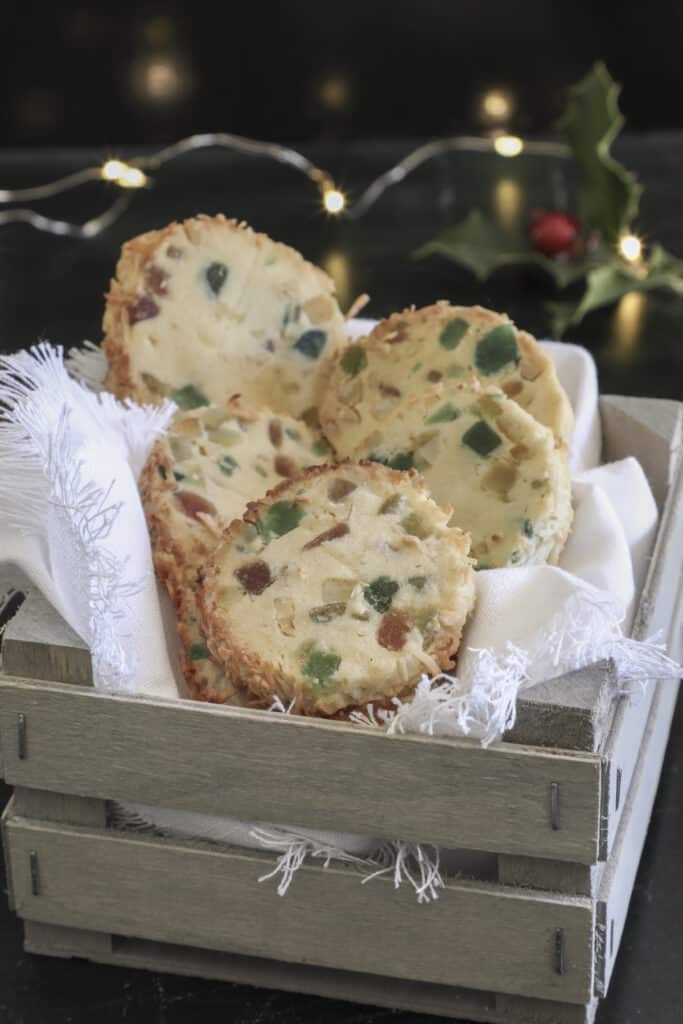 The fruitcake cookies in a wooden box.