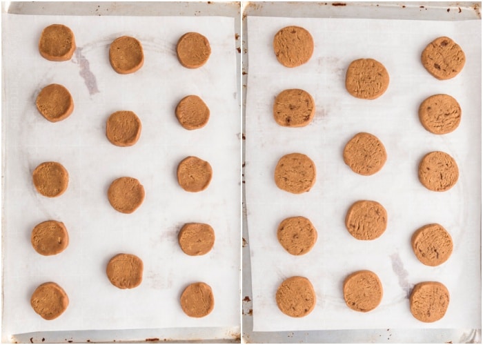 The cookie slices on the baking sheets before and after baking.