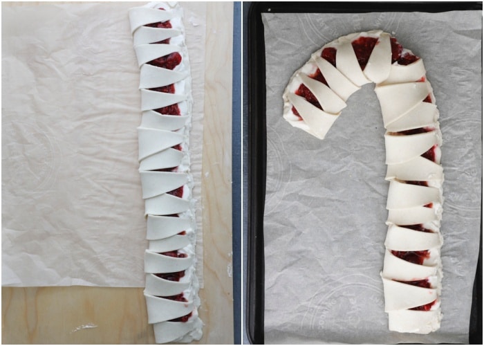 Closing the triangles and forming into a candy cane.