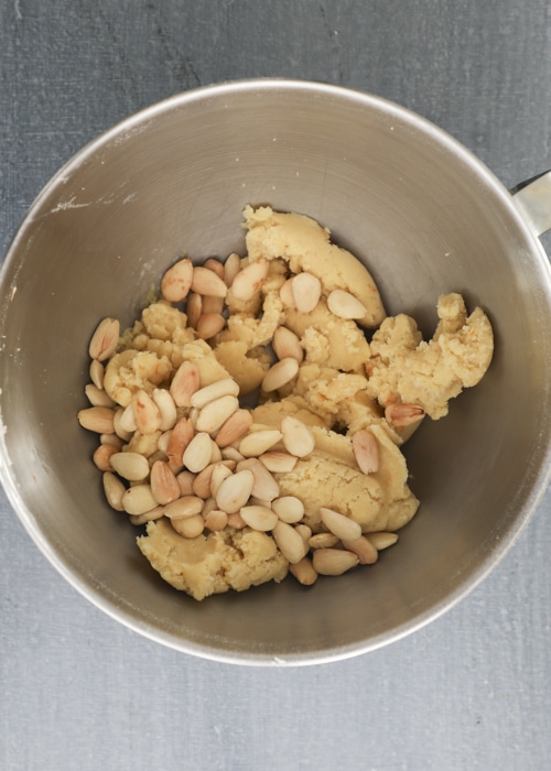 Adding the almonds.