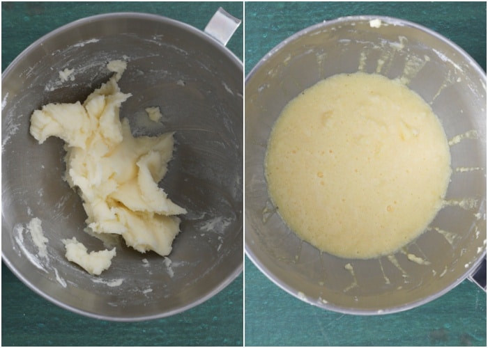 The creamed butter in the mixer and eggs added.