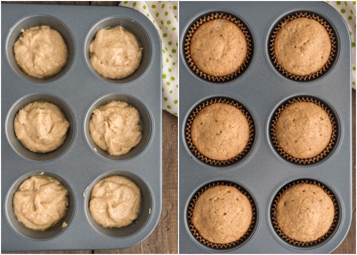 The batter in the muffin tin before and after baked.