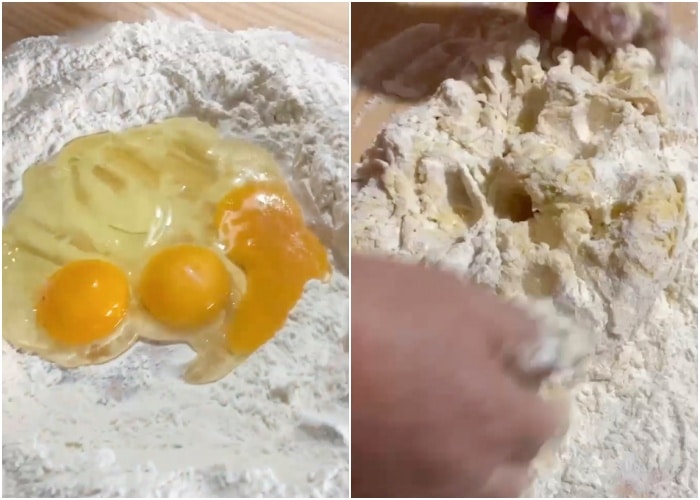 Mixing the eggs and flour to make a dough.