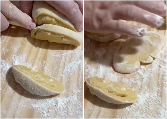 The dough sliced and flattened.