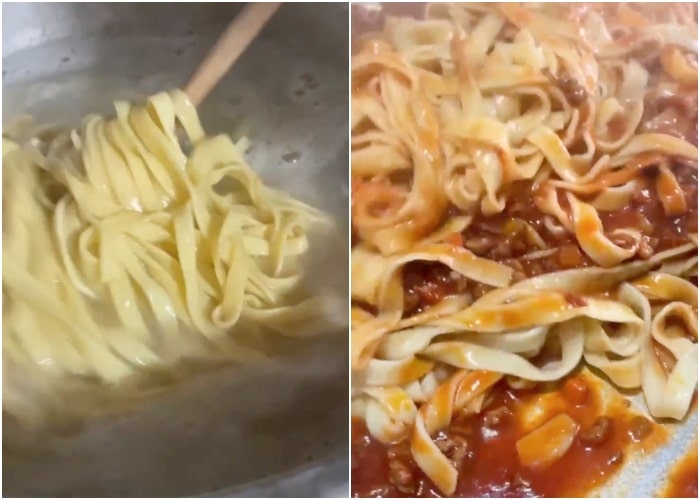 Cooking the pasta and tossing with sauce.
