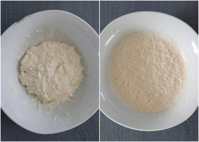 The poolish before and after resting in a white bowl.
