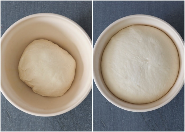 The dough in a white bowl before and after rising.