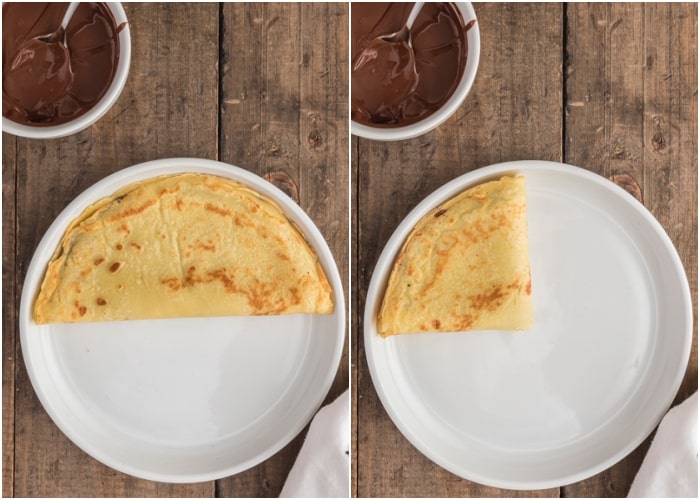 Folding the crepe in half and then in a quarter.