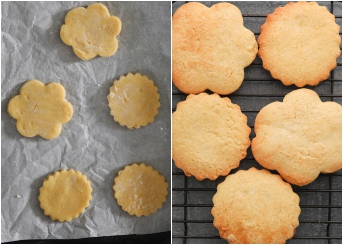 Almond cookies before after baked.